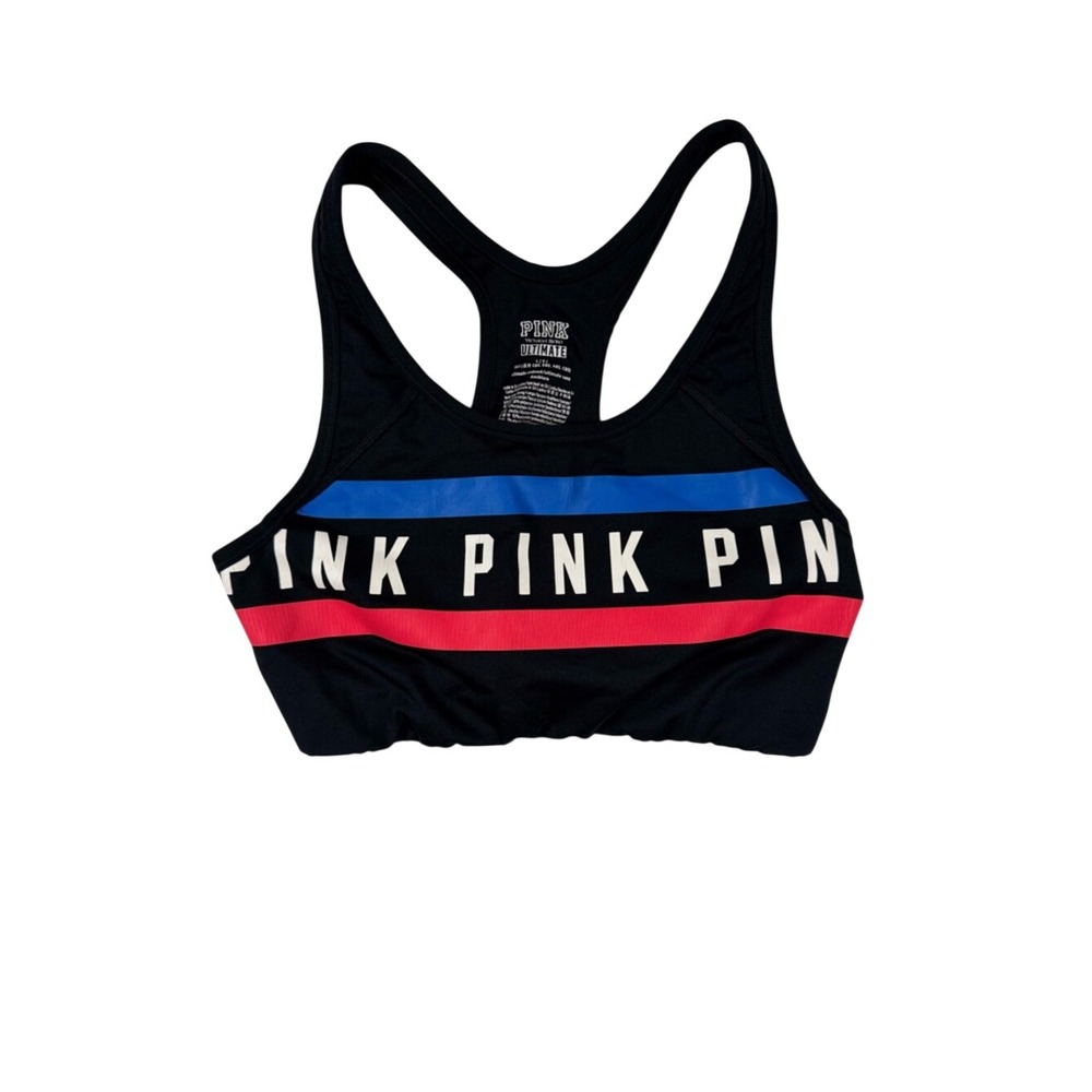 PINK Victoria's Secret Black Sports Bra with Blue and Pink Stripes